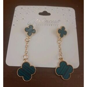 Princess Accessories Elegant Gold Tone Green Clover Dangle‎ Pierced Earrings 2"
